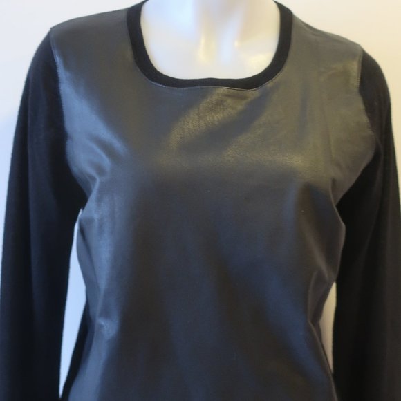 Womens DKNY Black Label Black Mixed Media Wool Leather Sweater M * - Picture 3 of 10